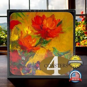 CALA Home Premium Hardboard Cork Backed Coasters Orange Blaze Floral 4-Pack NEW!